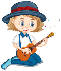 Girl playing ukulele on white background