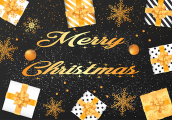 Fototapeta na wymiar Bannière ou carte Dorée sur fond noir merry christmas – cadeaux – boules – flocons – paillettes 