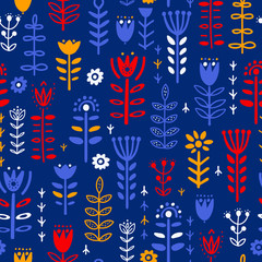 Abstract plants, flowers nordic seamless pattern 