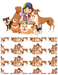 Seamless background design with girl and pets