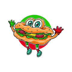 Mascot sandwiches illustration using a hand drawing style continued with digital coloring, this is a combination of hand drawing style and digital color