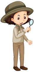 Girl with magnifying glass on white background