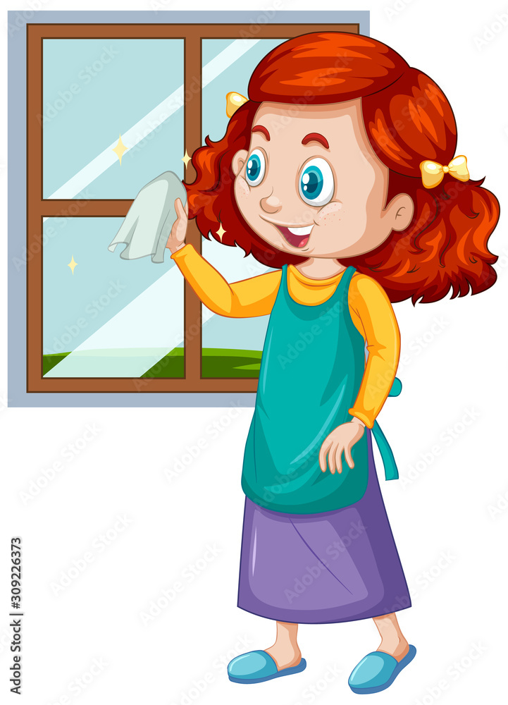 Sticker Girl cleaning window on white background