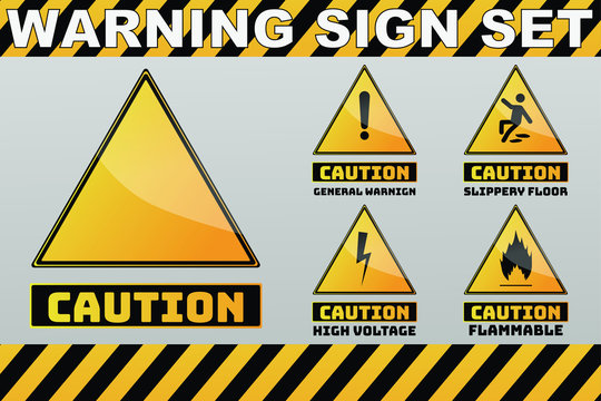 Set of  yellow Triangle Hazard warning, attention sign. Isolated on background. Caution, accident prevention, notification vector illustration of radiation, toxic hazard, high voltage, flammable
