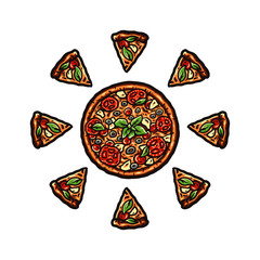 Neapolitan pizza illustration using a hand drawing style continued with digital coloring, this is a combination of hand drawing style and digital color