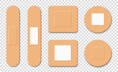 Medical adhesive plaster. Set of medical patches and bandages. Elastic and sticky tape for damaged skin