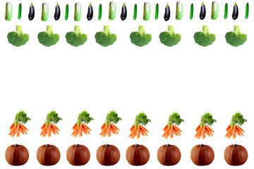 fresh vegetables isolated on white background, long format with copy space, top view