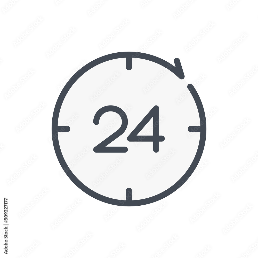 Poster 24 hours support service color line icon. refresh clock and watch with 24 vector outline colorful si