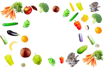 fresh vegetables isolated on white background, long format with copy space, top view