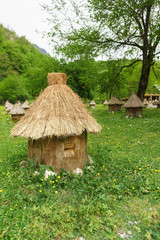 Wooden bee hive covered with straw stands in a flowering meadow