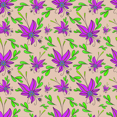 Seamless vector design pattern arranged from pink flowers,green leaves on peach background. 