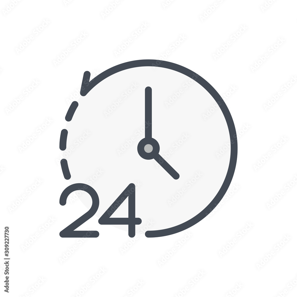 Poster repeat clock and watch with 24 color line icon. 24 hours support service vector outline colorful sig