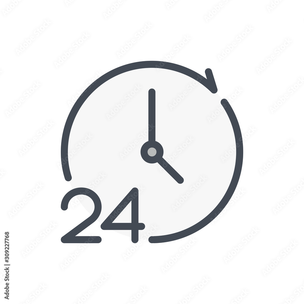 Poster refresh clock and watch with 24 color line icon. 24 hours support service vector outline colorful si