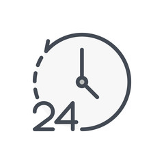 Repeat clock and watch with 24 color line icon. 24 hours support service vector outline colorful sign.