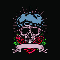 Skull in cabbie hat with rose flower, vector illustration
