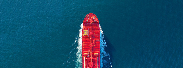 Aerial drone ultra wide panoramic photo of industrial fuel and petrochemical tanker cruising open...