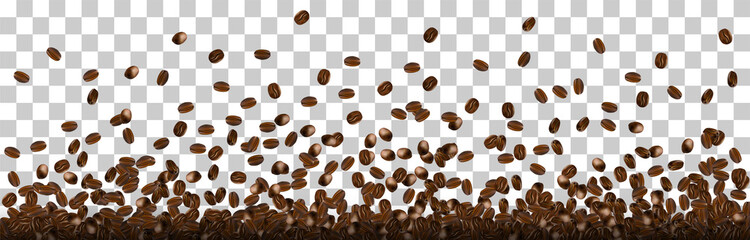 Coffee beans dropping in to pile isolated on transparent background.