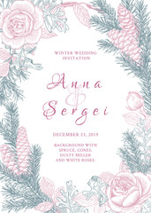 Winter wedding. Vintage wedding  invitation. Vector botanical  illustration. Dusty Blue and Blush background.