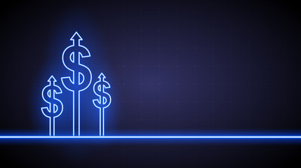 Neon light of growth financial chart with dollar graph arrow in stock market on blue color background - obrazy, fototapety, plakaty
