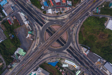 Beautiful Roundabout Rama 5 Aerial Top view Thailand with long exposure cars traffic