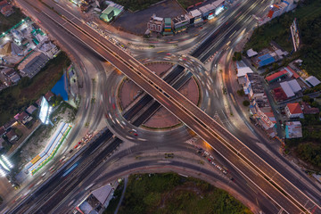 Fototapeta na wymiar Beautiful Roundabout Rama 5 Aerial Top view Thailand with long exposure cars traffic