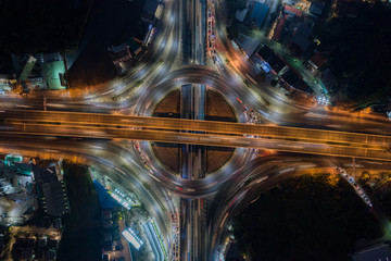 Beautiful Roundabout Rama 5 Aerial Top view Thailand with long exposure cars traffic
