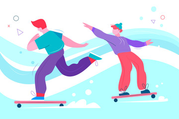 Teenage skateboarders flat abstract vector illustration. Teen boys skating on boards. Outdoor urban recreation activity. Male friends doing extreme sports. Skateboarding concept