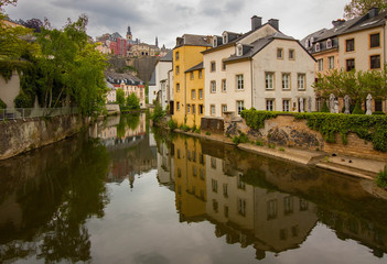 The beautiful reflection in Alzette River in Luxembourg City, Luxembourg.