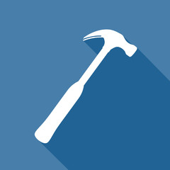 Flat design of white hammer silhouette with a long shadow, vector illustration