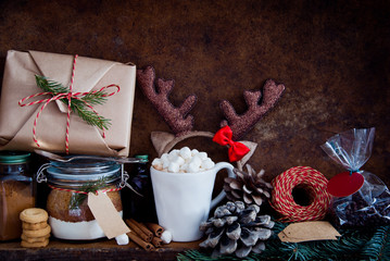 Christmas Composition with gifts, Homemade Cake Mix in a Jar and Hot Chocolate