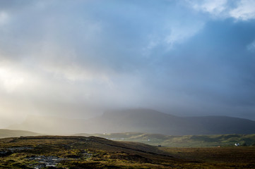 Rain clouds seen over Quiraing, Isle of Skye