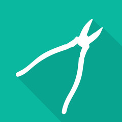 Flat design of white pliers silhouette with a long shadow, vector illustration