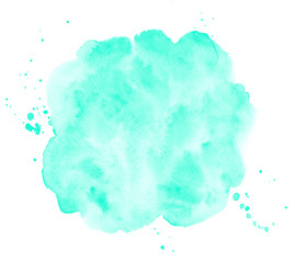 Aqua menthe, mint green watercolor round background, frame. Uneven circle shape with watercolour stains, splashes, blobs. Painted template for lettering. Hand drawn abstract aquarelle fill, texture