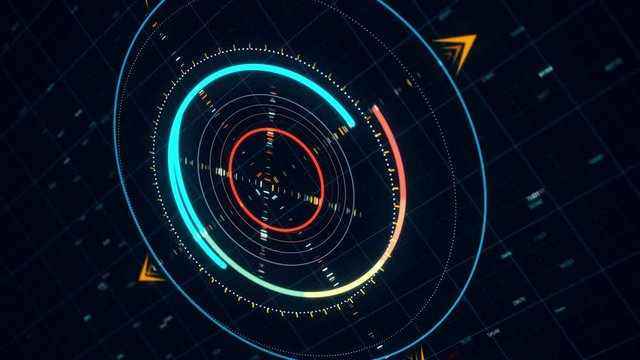 Future technologies, abstract guidance system isolated on a black background. Animation. Close up of rotating neon parts of searching digital program, seamless loop.