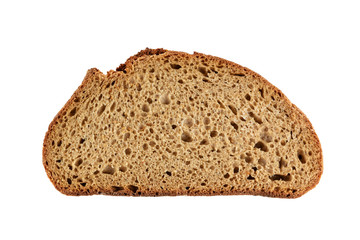 Closeup of one slice dark rye bread loaf isolated on white background