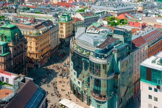Panoramic aerial view from Stephansdom to Old city of Vienna