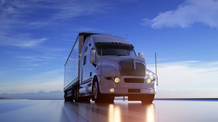 Truck on the road. Photorealistic background. Transports, logistics concept. 3d rendering