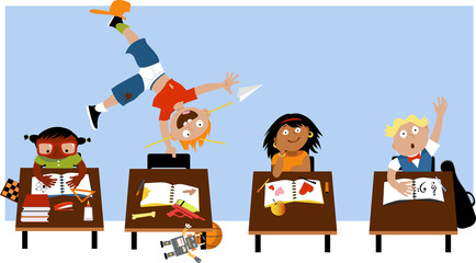 Child with ADHD acting out in a classroom, EPS 8 vector illustration - obrazy, fototapety, plakaty