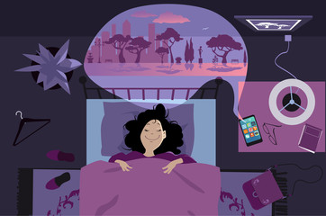 Young woman lying in bed at night using a sleep aid app on her smartphone, EPS 8 vector illustration
