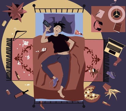 Young man waking up with a hangover in a messy room after a party, EPS 8 vector illustration