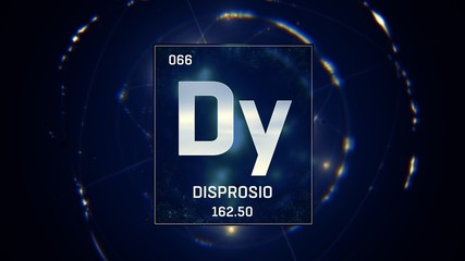 3D illustration of Dysprosium as Element 66 of the Periodic Table. Blue illuminated atom design background with orbiting electrons. Name, atomic weight, element number in Spanish language