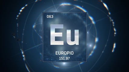 3D illustration of Europium as Element 63 of the Periodic Table. Blue illuminated atom design background with orbiting electrons. Name, atomic weight, element number in Spanish language