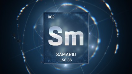 3D illustration of Samarium as Element 62 of the Periodic Table. Blue illuminated atom design background with orbiting electrons. Name, atomic weight, element number in Spanish language