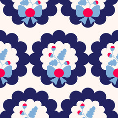 Christmas wreth with blue and pink flowers in a seamless pattern
