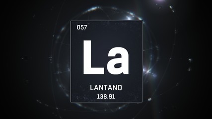 3D illustration of Lanthanum as Element 57 of the Periodic Table. Silver illuminated atom design background with orbiting electrons. Name, atomic weight, element number in Spanish language