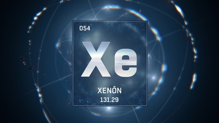 3D illustration of Xenon as Element 54 of the Periodic Table. Blue illuminated atom design background with orbiting electrons. Name, atomic weight, element number in Spanish language
