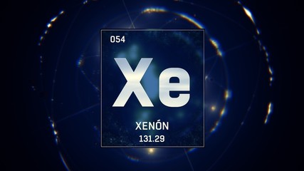 3D illustration of Xenon as Element 54 of the Periodic Table. Blue illuminated atom design background with orbiting electrons. Name, atomic weight, element number in Spanish language