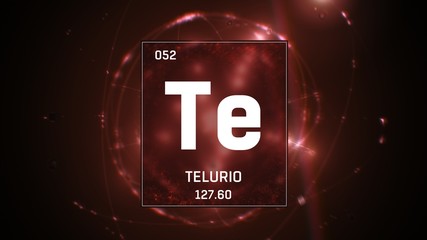 3D illustration of Tellurium as Element 52 of the Periodic Table. Red illuminated atom design background with orbiting electrons. Name, atomic weight, element number in Spanish language