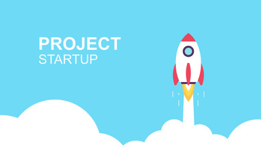 Rocket launch. Business startup banner. isolated on blue background