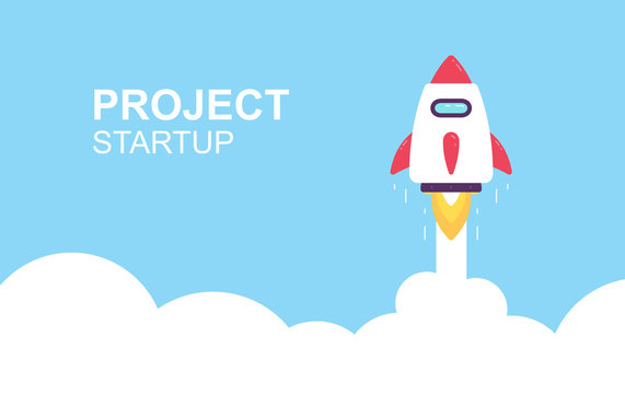 Rocket launch. Business startup banner. isolated on blue background © volyk